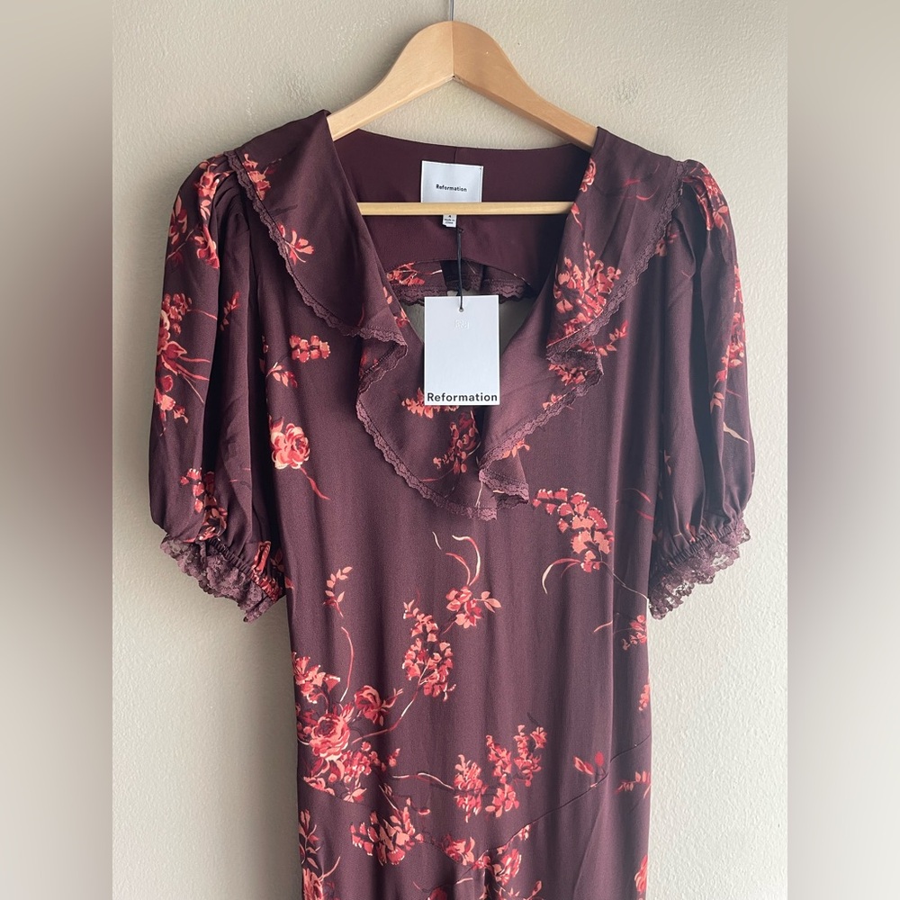 New Reformation Women Brown Long Floral Shorts Sleeve Dress 4 - Picture 6 of 13